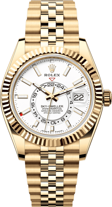 Rolex New Release Sky - Dweller Yellow Gold 42mm White Dial Fluted Bezel Jubilee Bracelet 336938 - WatchesOff5thWatch